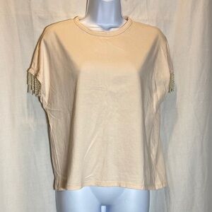 Zara Soft Pink Pearl-Beaded Sleeve Fashion Tee - Women Size-S